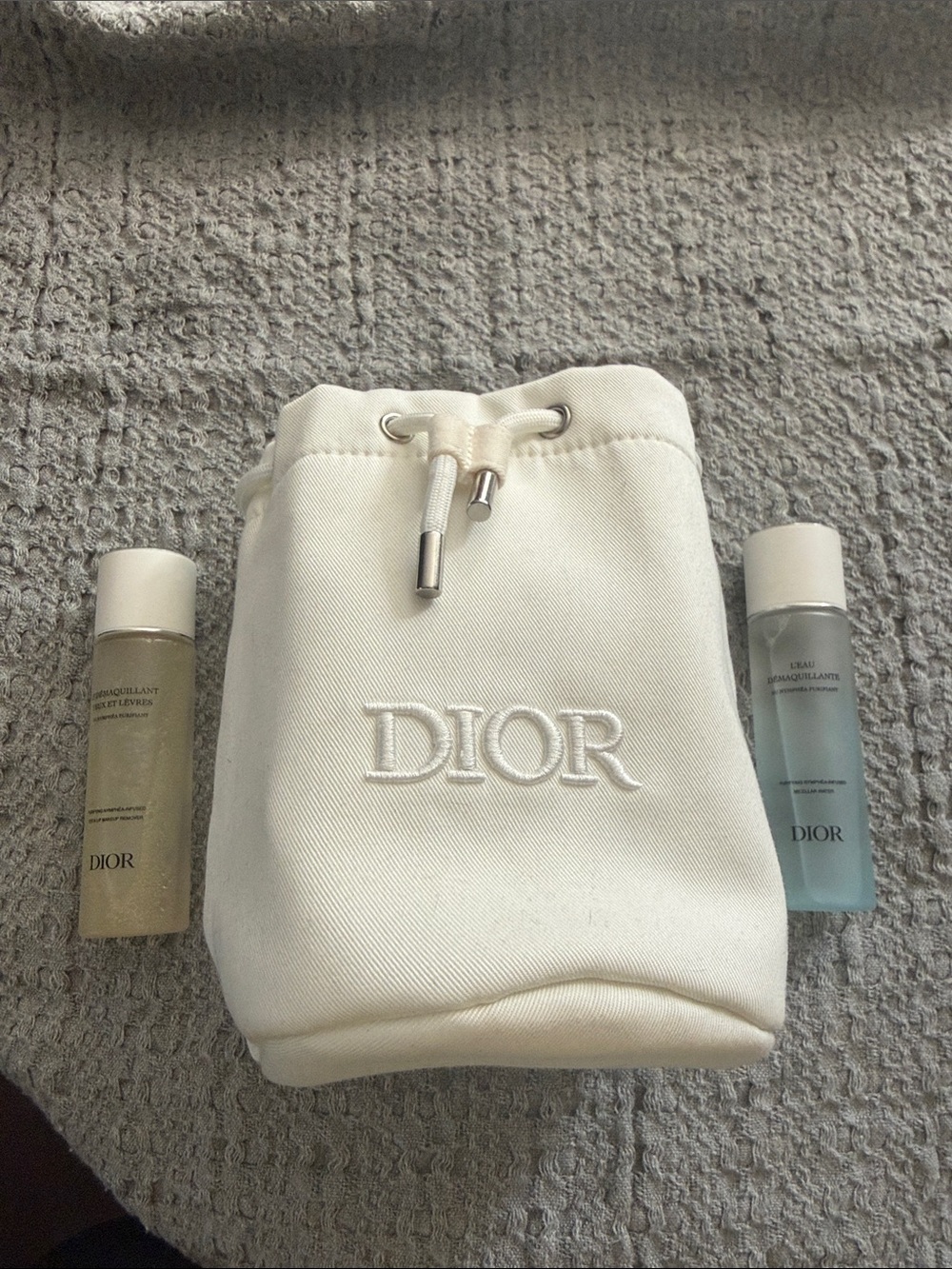 Dior Bundle Cream Canvas Drawstring Pouch with Embroidered Logo and Two Products